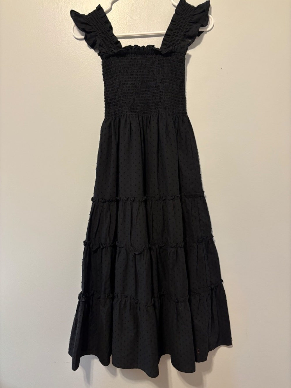 Kourt Black Swiss Dot Smocked Tiered Maxi Dress Ruffle Straps Cottagecore XS - Picture 2 of 9
